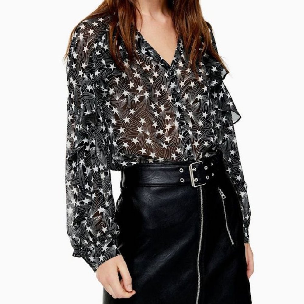 Topshop Black Star Print Ruffle Chiffon Blouse